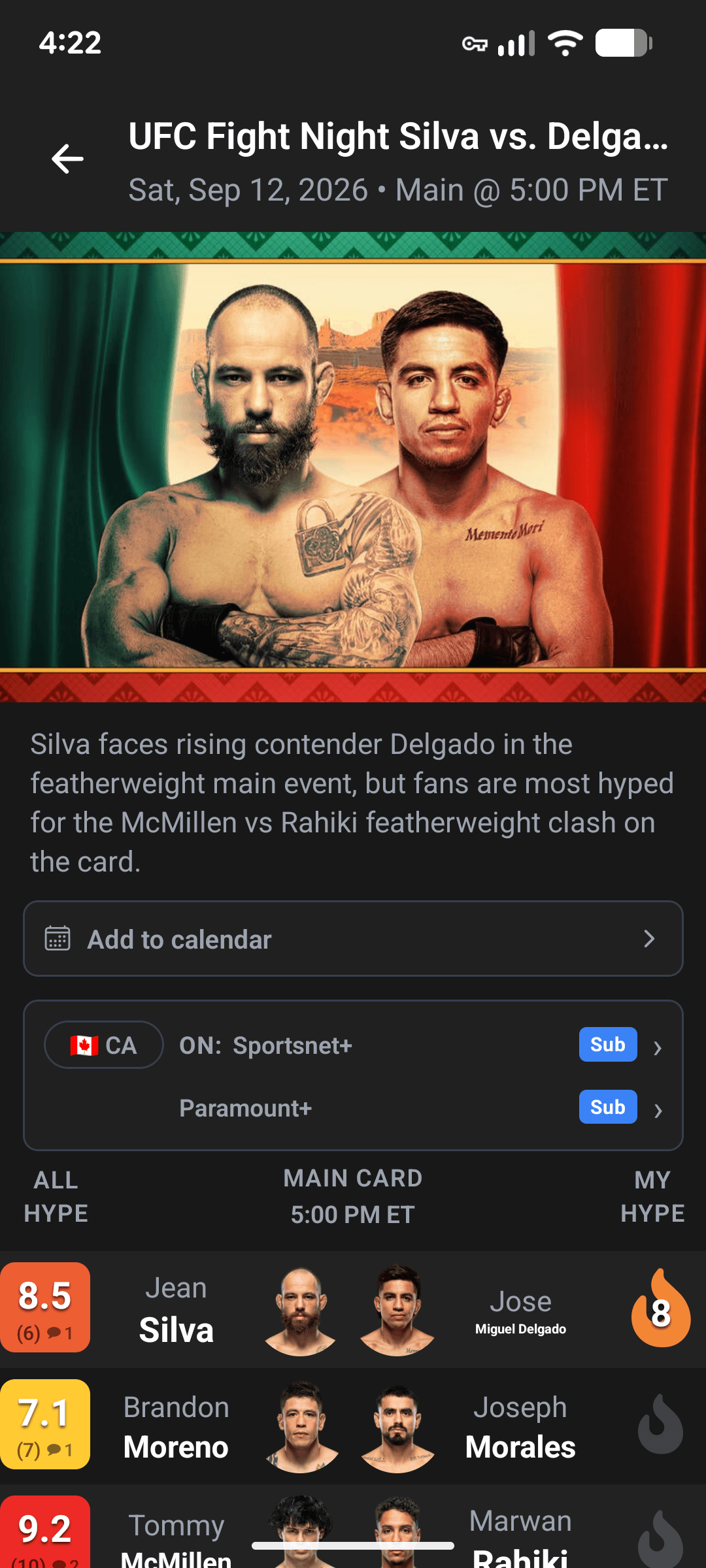An event page: the UFC Fight Night Silva vs Delgado poster, a written preview, an add-to-calendar action, Canadian broadcast listings for Sportsnet+ and Paramount+, and the main card with a hype score beside every fight.