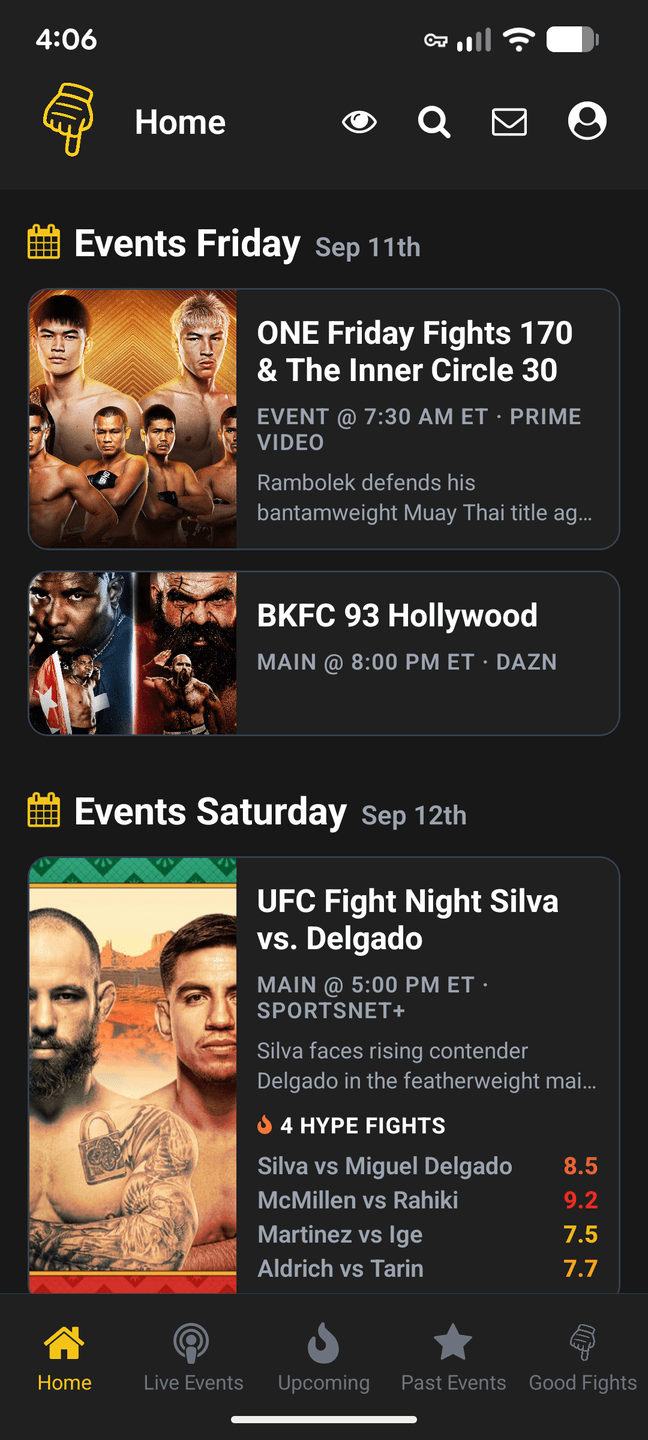 Good Fights home screen: upcoming cards grouped by day, each with its poster, start time, broadcaster and a list of hype-rated fights.