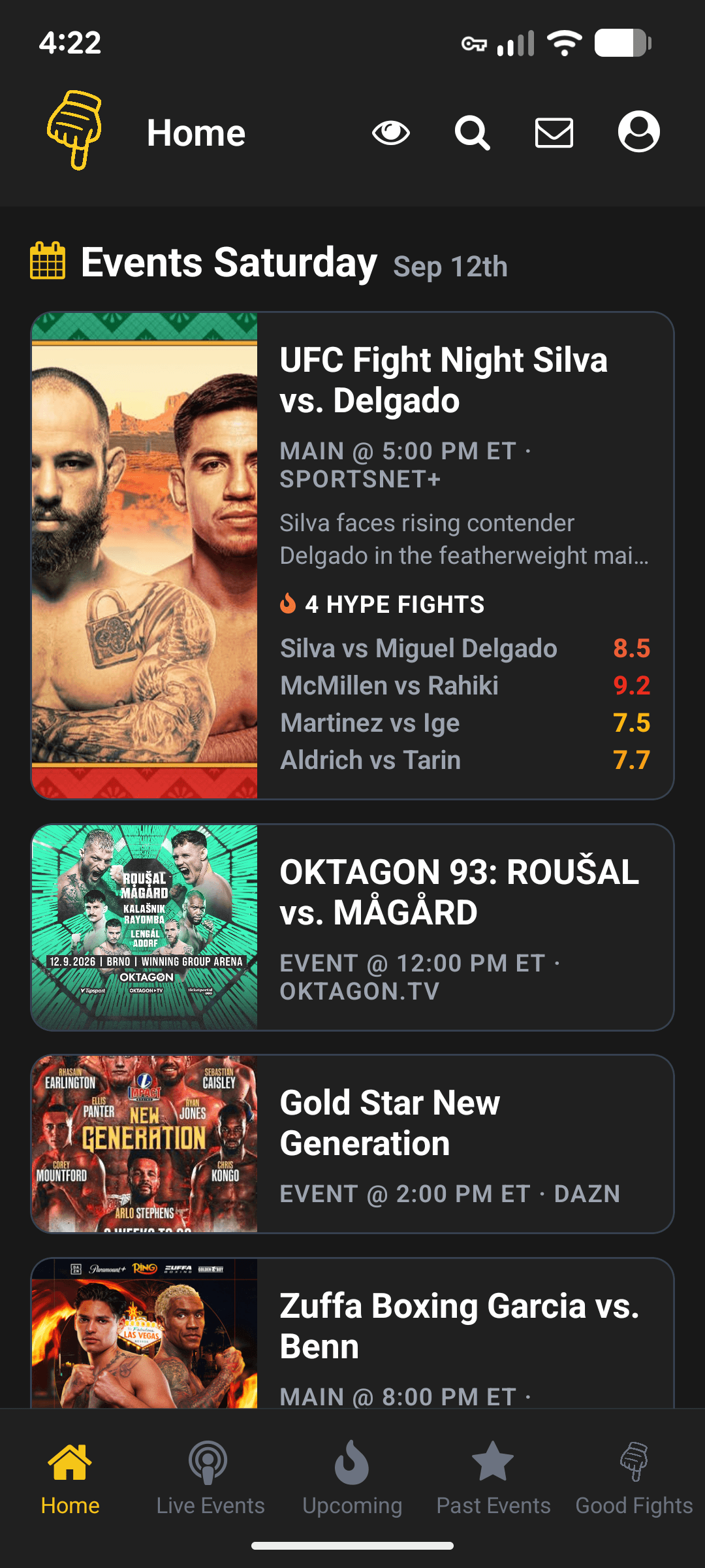 Good Fights home screen: events for Saturday September 12th, each card carrying its poster, start time and broadcaster, with the UFC Fight Night card expanded to show four hype-rated fights scored 7.5 to 9.2.