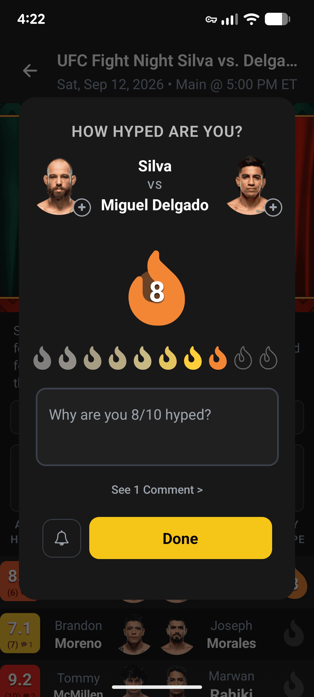 The rating sheet: How hyped are you for Silva vs Miguel Delgado, scored 8 out of 10 on a colour-graded flame scale, with a box for why and a link to the comments.