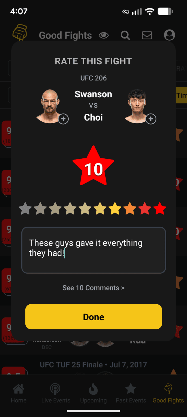 Rating a fight: Swanson vs Choi at UFC 206 scored 10 out of 10 on a colour-graded scale, with a written review and a link to the comments.
