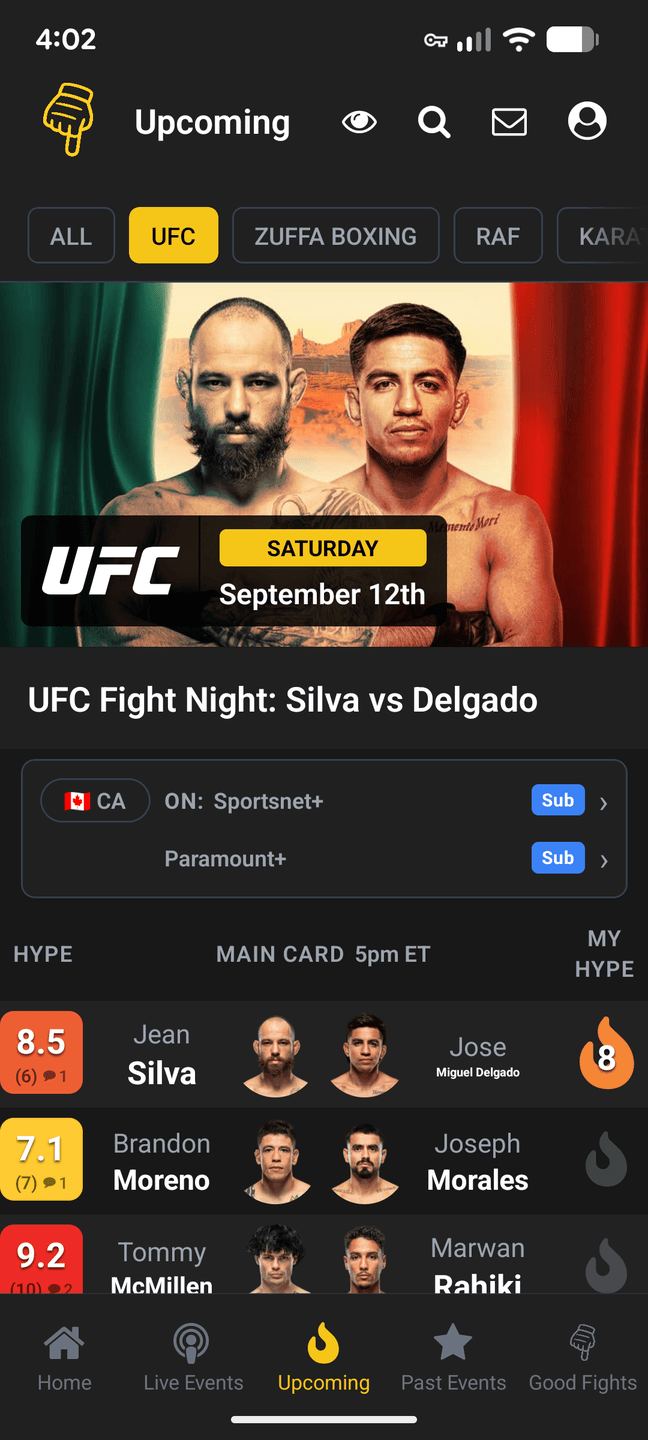 The Upcoming tab: promotion filters, an event hero, Canadian broadcast listings for Sportsnet+ and Paramount+, and the main card with a hype score against each fight.